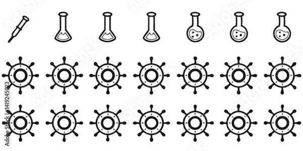 Fototapeta Set of nautical ship steering wheel and chemical flask icons Vector illustration