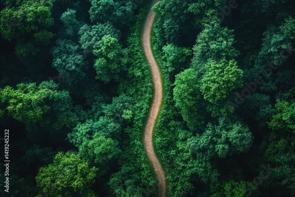 Fototapeta Winding dirt path through a lush green forest showcasing nature's tranquility and beauty during daylight hours