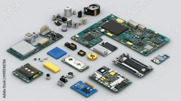 Obraz Collection of electronic components and circuit boards.