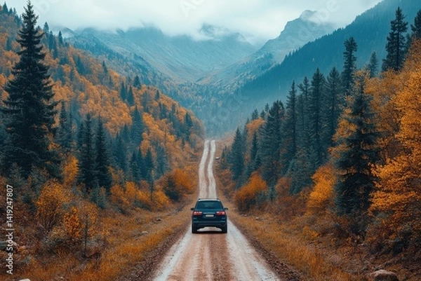 Fototapeta Road trip through vibrant autumn mountains with a car on a winding dirt path