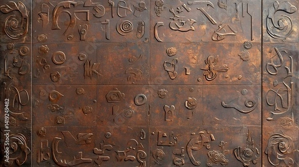 Obraz Close up of a weathered and oxidized iron surface featuring intricate embossed patterns and an antique distressed appearance  This abstract texture background has a vintage