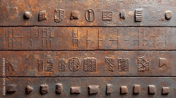 Obraz Rusty iron surface with intricate embossed patterns and an antique grungy weathered appearance  The textured metal has a vintage industrial feel with a decorative ornamental design