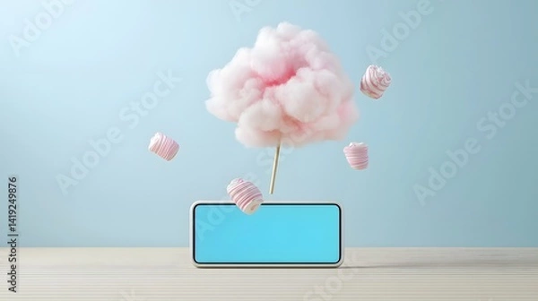 Obraz A dreamlike whimsical cloud of soft fluffy cotton candy forming and swirling above the interface of a digital food application creating a captivating and alluring visual experience