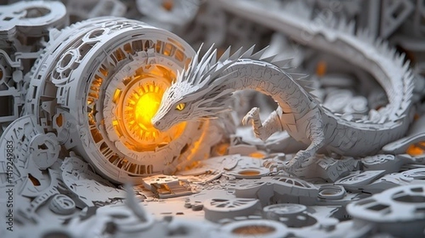 Fototapeta Captivating image of a coiled dragon wrapping around a glowing orb with intricate paper cut like textures creating an ethereal mystical atmosphere