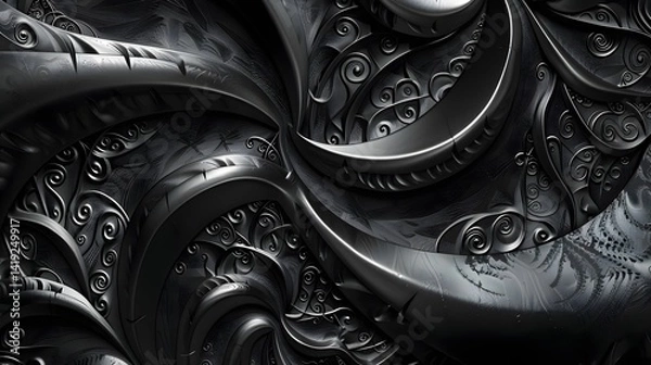 Fototapeta Abstract Black Metal Swirls: Intricate 3D Render of Organic, Curving, and Intertwined Metallic Forms with Detailed Scrollwork, Creating a Luxurious and Darkly Elegant Design