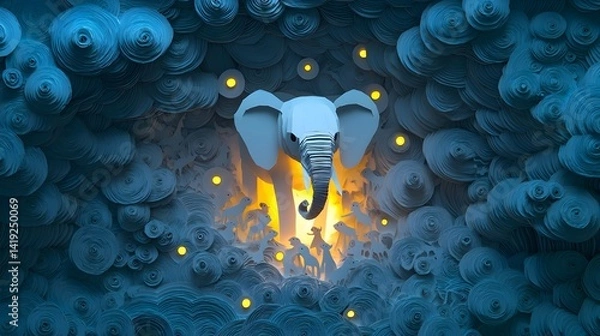 Obraz Majestic white elephant surrounded by shimmering glowing auras in a detailed intricate paper cut art Ethereal spiritual and captivating visual