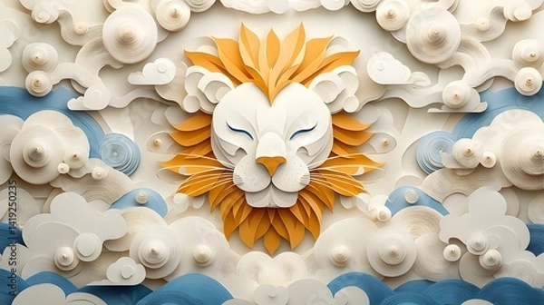 Obraz A magical dreamlike image of a mystical lion surrounded by swirling clouds created using a layered paper cut design technique for a surreal ethereal and fantastical visual effect