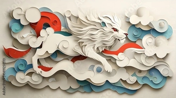 Obraz Majestic lion enveloped in swirling layers of paper cut clouds creating a captivating and mystical digital The scene evokes a sense of fantasy imagination and atmospheric wonder