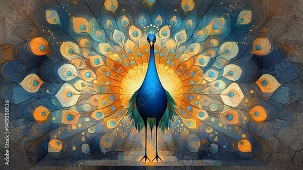 Obraz A stunning and majestic sacred peacock with glowing iridescent and intricate paper cut inspired textures and patterns adorning its magnificent feathers