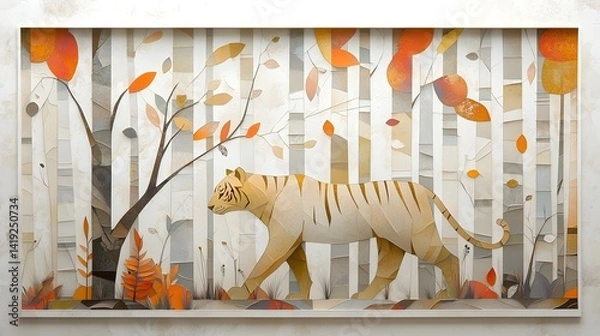 Obraz A majestic golden tiger prowling through a mystical layered forest landscape with surreal paper cut textures and ethereal lighting  This digital artwork conveys a sense of fantasy wonder