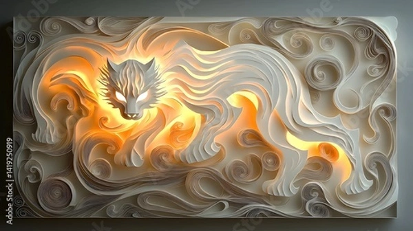 Obraz A fierce and majestic white tiger with glowing stripes and an intricate paper cut design showcasing the power and grace of this captivating feline predator in a stunning portrayal