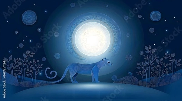 Obraz Captivating of a celestial blue tiger standing under a glowing mystical moon with intricate layered paper cut details creating a fantastical dream like atmosphere