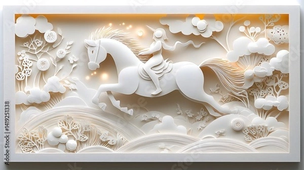 Obraz Majestic white celestial horse galloping with grace and power through glowing ethereal clouds in a surreal fantastical landscape  The image captures a sense of movement energy and otherworldly beauty
