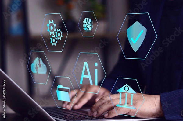 Fototapeta AI Technology and Future Innovation Humans are using AI to work for efficiency, machine learning, deep learning, big data connectivity, connectivity, global business systems.