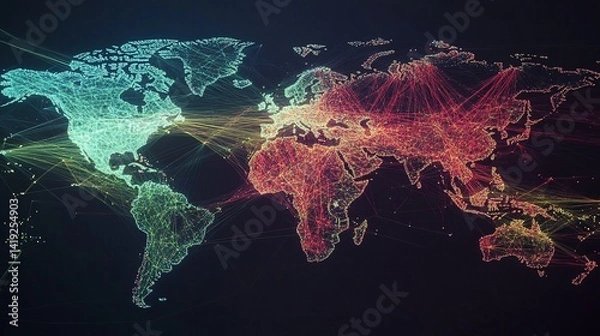 Fototapeta Connectivity visualized in the world, showing a global network connections