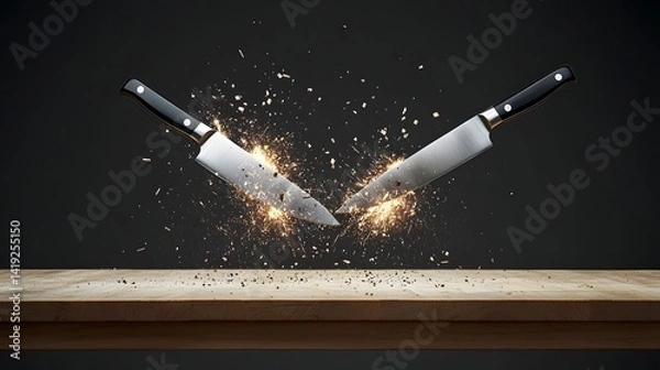 Obraz Dramatic Culinary Clash Two Knives Colliding in Midair Amidst a Burst of Sparks Capturing the Intensity of a Chef s Duel