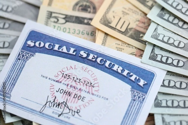 Obraz American US dollars money bills and US social security number card close up