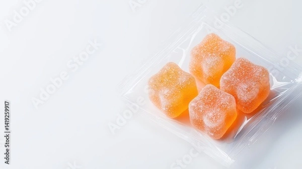 Fototapeta Macro shot of sugar-coated gummy candy wrapper, showcasing vibrant details and textures.