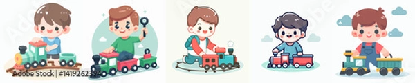 Fototapeta Vector collection of a happy little boy playing with a toy train