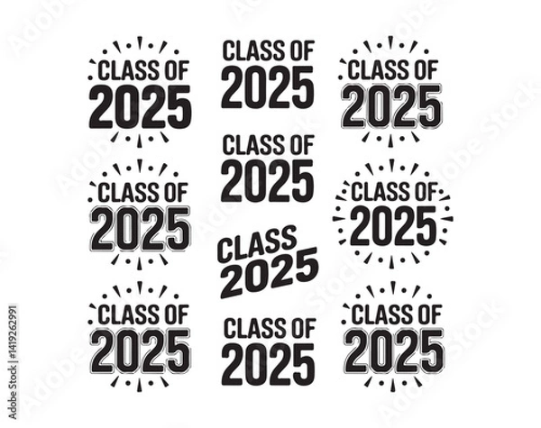 Fototapeta Stylish Graduation Vector Elements for Class of 2025 with Hand Drawn Silhouettes