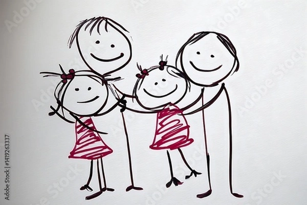 Obraz Happy Family Drawing with Red Accents on Textured White Background