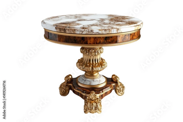 Fototapeta Elegant round marble top side table with gold ornate base rich wood accents luxurious design on transparent background