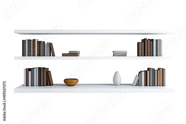 Fototapeta Elegant white floating shelves display a curated collection of books a decorative bowl and a on transparent background