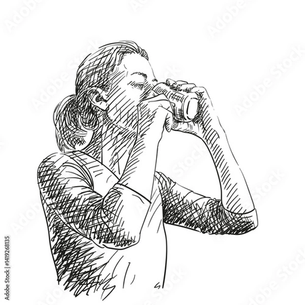 Fototapeta Hand-drawn vector illustration of a woman drinking from a cup with both hands. Black and white sketch with expressive hatching, isolated on white. Ideal for beverage, lifestyle, and everyday moments