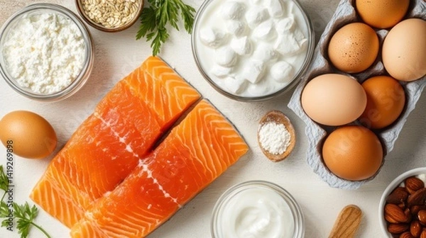 Obraz High-Protein Foods: Salmon, Eggs, Cottage Cheese, and Almonds for a Healthy Diet