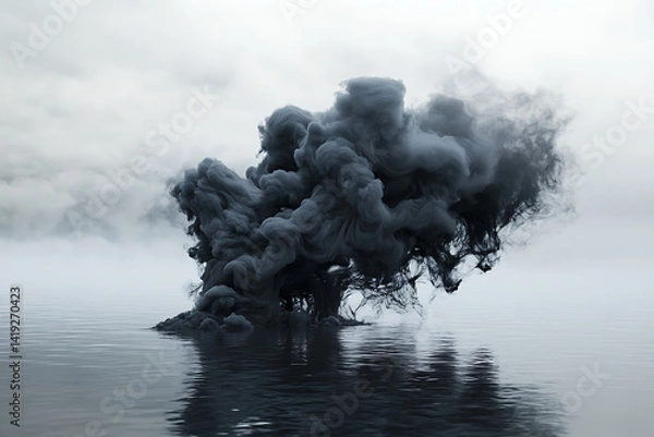Fototapeta Dark Smoke Rising From Calm Water Surface in Cloudy Atmosphere Creates a Mysterious and Dramatic Effect