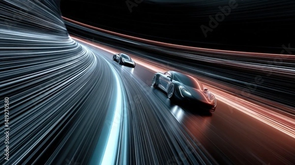Obraz Two Cars Racing on a Futuristic Spiral Circuit with Holographic Technology and Dynamic Light Trails