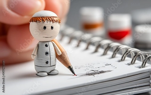 Obraz Clay Figurine of a Boy Doctor with Pencil and Notepad