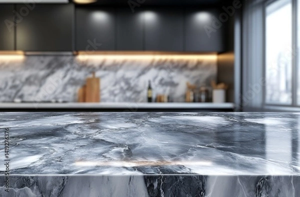 Fototapeta Sleek modern kitchen countertop, featuring a polished dark gray marble surface, showcasing a blurred background of dark cabinetry and a marble backsplash