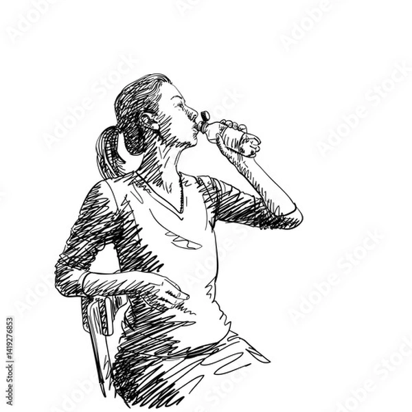 Fototapeta Vector sketch of a woman sitting on a chair and drinking water from a plastic bottle. Hand-drawn black and white illustration in a casual, everyday moment