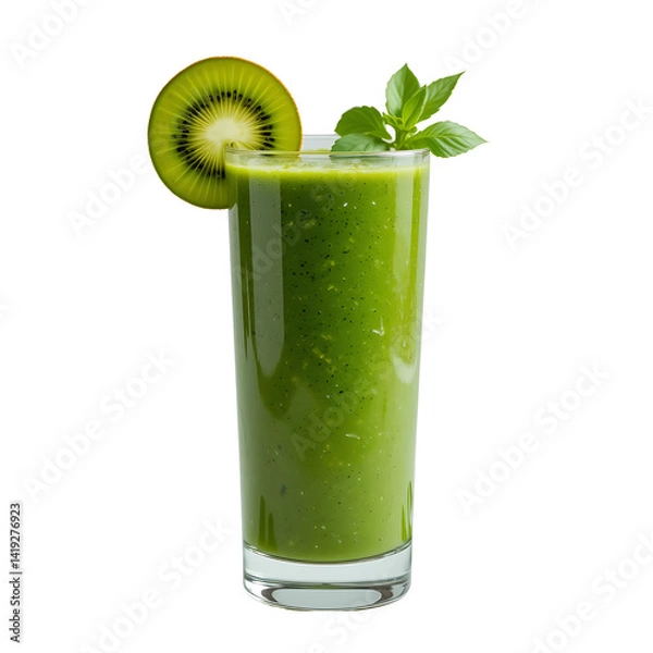 Obraz Fresh green kiwi fruit juice in a glass, a healthy and sweet beverage isolated on white
