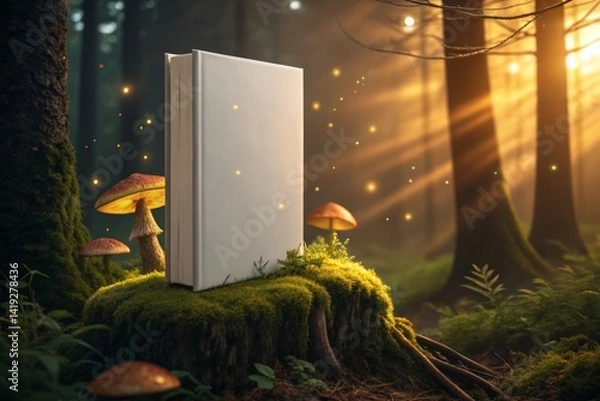 Fototapeta A captivating image of a blank book resting on a mossy forest stump, bathed in golden sunlight filtering through the trees.