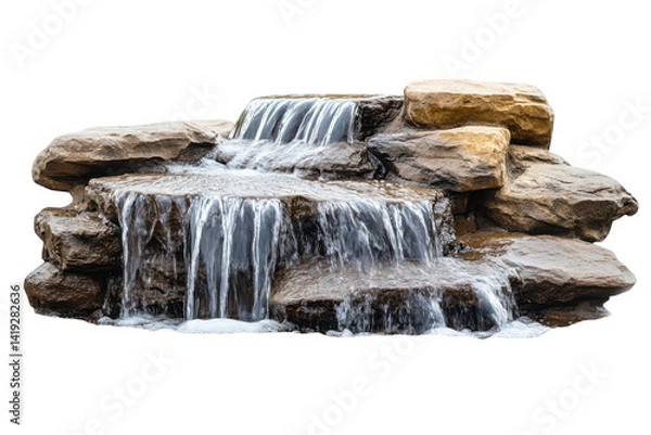 Fototapeta Serene cascading waterfall over brown rocks isolated on black background perfect for design on transparent background
