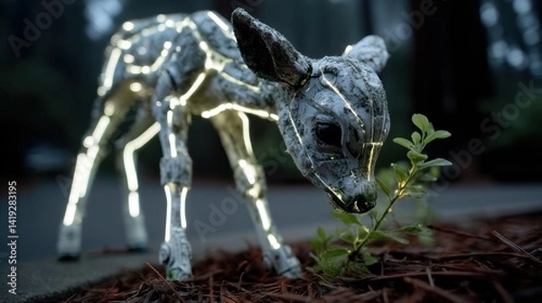 Obraz A deer stands amid a scorched forest as rescue teams work; its face scanned by advanced wildlife-monitoring technology.