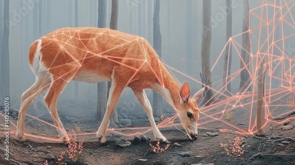 Obraz A deer stands amid a scorched forest as rescue teams work; its face scanned by advanced wildlife-monitoring technology.
