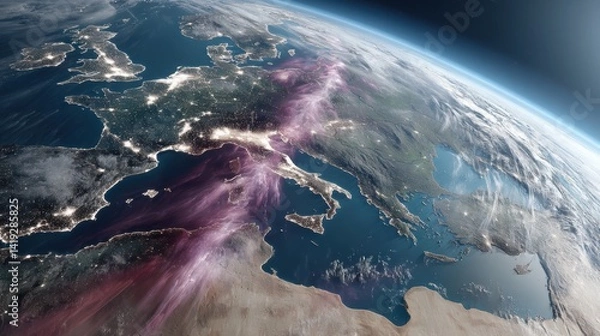 Obraz A scorched Earth with burning continents and untouched forests highlights the fragile balance between destruction and nature’s resilience from space.