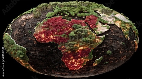 Obraz A scorched Earth with burning continents and untouched forests highlights the fragile balance between destruction and nature’s resilience from space.