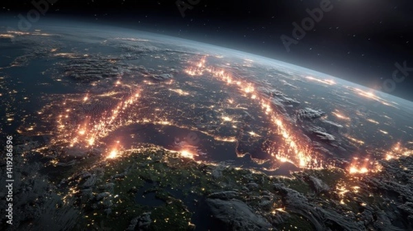 Obraz A scorched Earth with burning continents and untouched forests highlights the fragile balance between destruction and nature’s resilience from space.