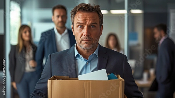 Obraz A business executive in shock with a box of personal items walks out of his office, flanked by colleagues, reflecting the emotional impact of being let go from a high-level job.