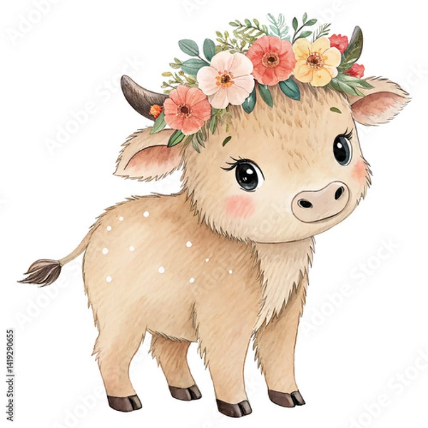 Obraz Bison calf in flower crown. Isolated watercolor illustration.