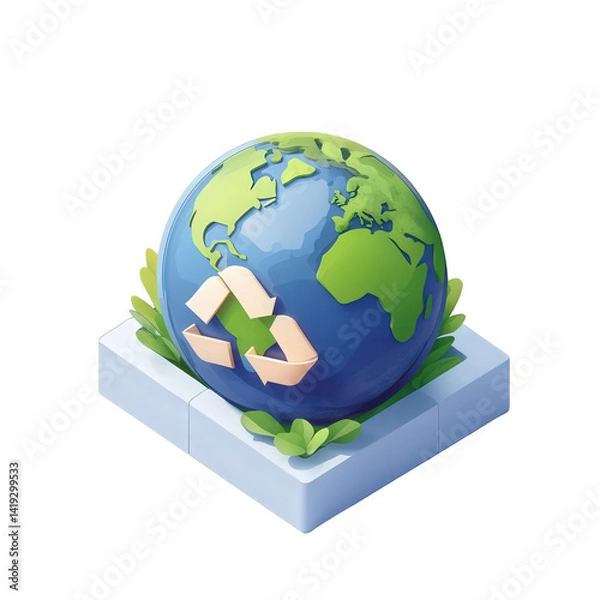 Fototapeta A vibrant illustration of a globe surrounded by greenery, featuring a recycling symbol, symbolizing sustainability and environmental awareness , isolated on white or transparent png