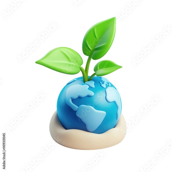 Fototapeta A vibrant illustration of a small globe with a sprouting plant, symbolizing environmental awareness and sustainability, set against a plain background , isolated on white or transparent png