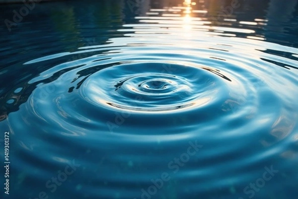 Fototapeta Rippling water surface reflects sky, creating concentric circles , blue, ecosystem