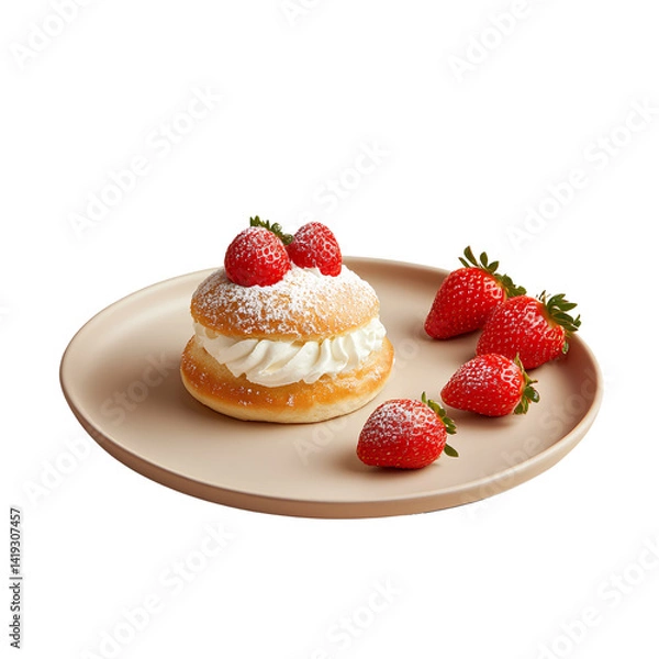 Obraz Strawberry Cream Bun with Whipped Topping on White Plate 