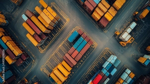 Fototapeta Aerial View of a Busy Shipping Yard Filled with Colorful Shipping Containers