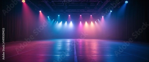 Obraz Empty stage with colorful lights faded wide angle panoramic view horizontal symmetric background.